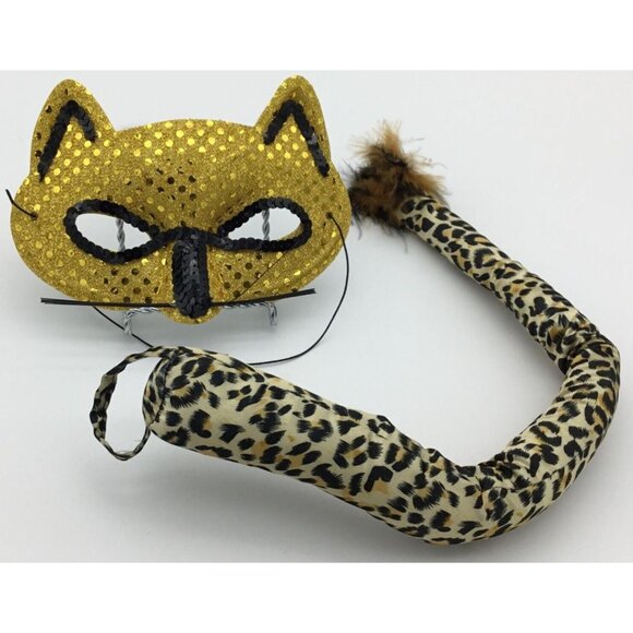 Leopard or Cat Half Sequin Mask Fabric Faux Fur Tail Costume Accessories - Picture 1 of 6